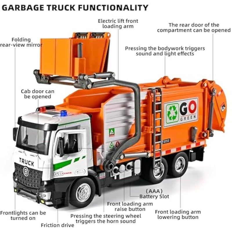 Front Loader Arm Toy Garbage Truck with Auto Lift Function,Diecast Garbage Truck Metal Cab,Friction Powered Garbage Truck Toy with Lights and Sounds,Garbage Trucks for Boys Age 4-7（Orange） - Image 3